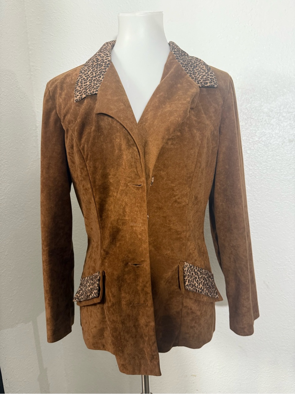 Brown Suede Blazer with Leopard-Print Trim